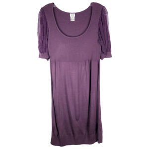 Cache Medium Sweater Dress Purple Knit Sheer Sleeves Above Knee Shift Scoop 1296